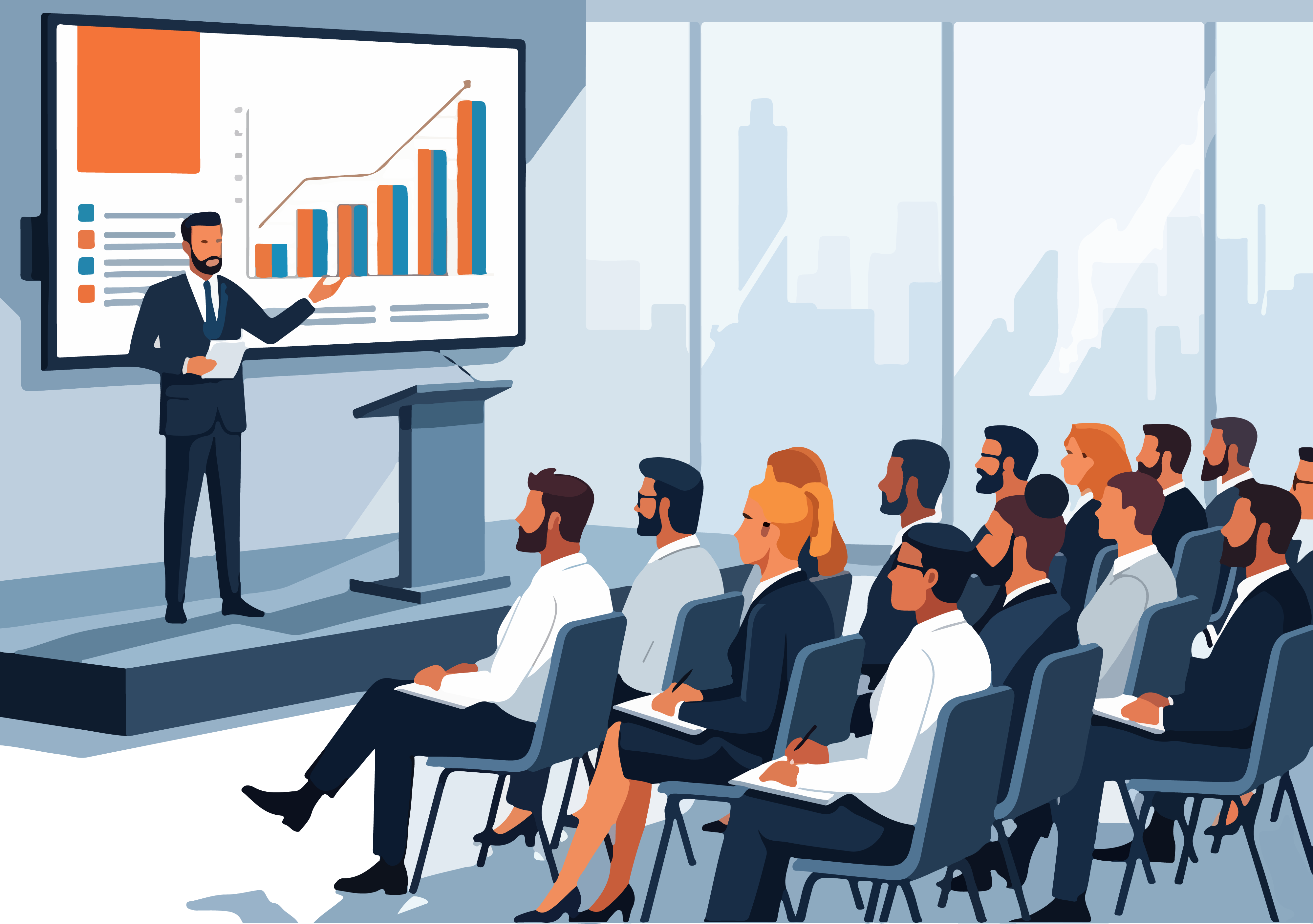 Businessman presents to a crowd of people in a conference room with a window overlooking a city